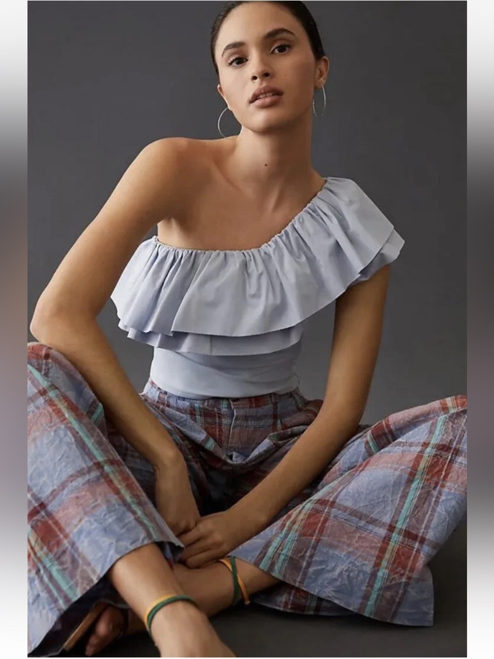 Sundays In Brooklyn Anthropologie Blue One Shoulder Cropped Ruffle Blouse Large